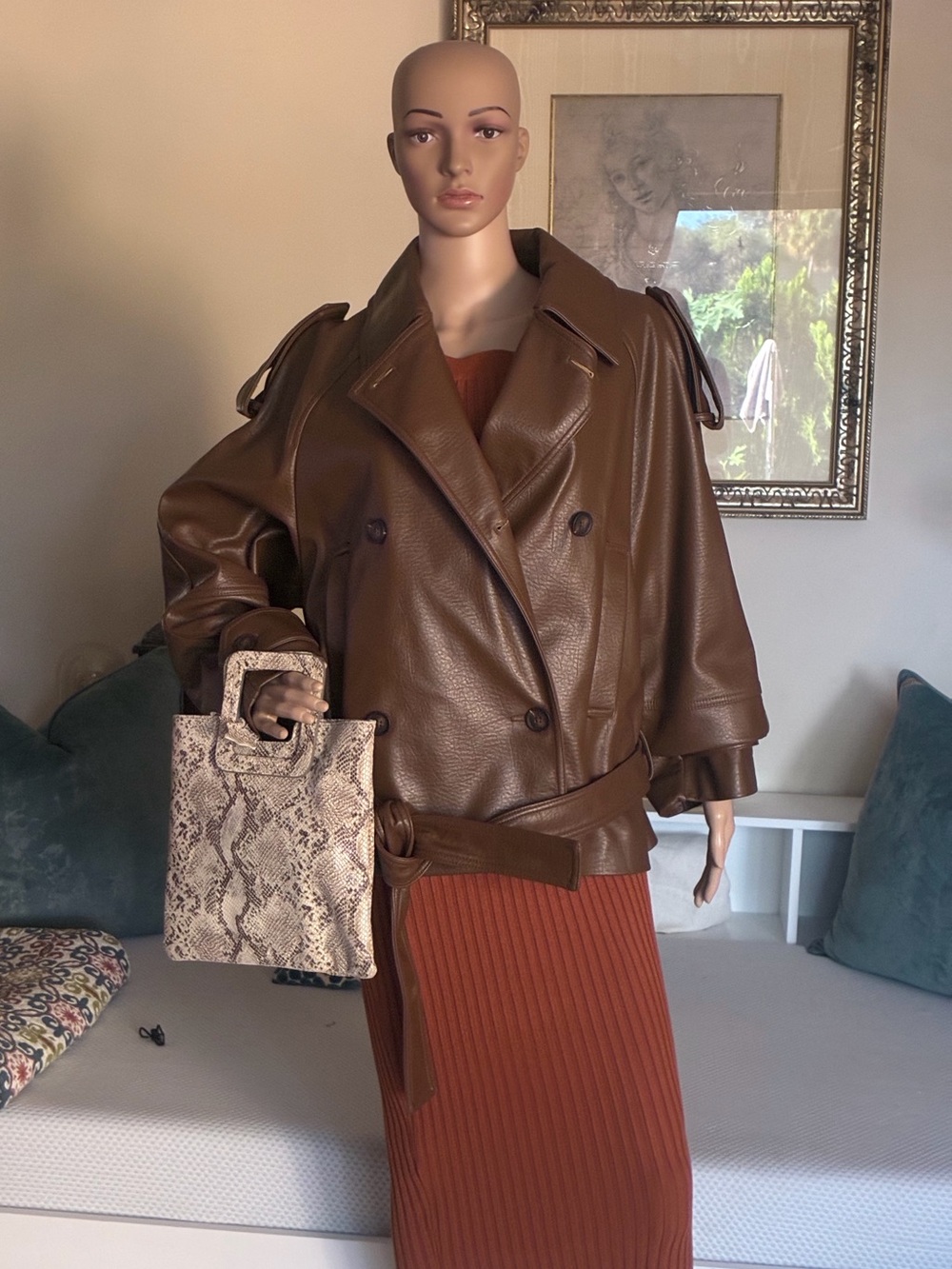 NWT Zara Brown Faux Leather Belted Short Trench Jacket - Size M (MSRP $119)
